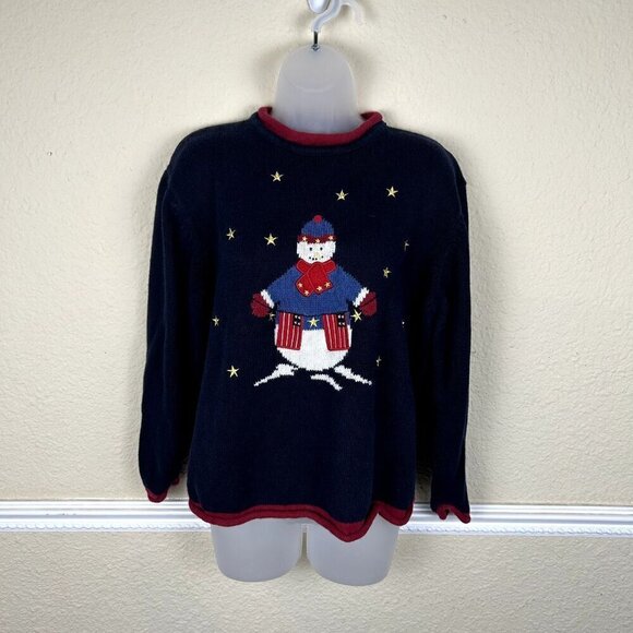 VTG Christopher & Banks Sweater American Flag Snowman Patriotic Blue Large - Picture 1 of 7